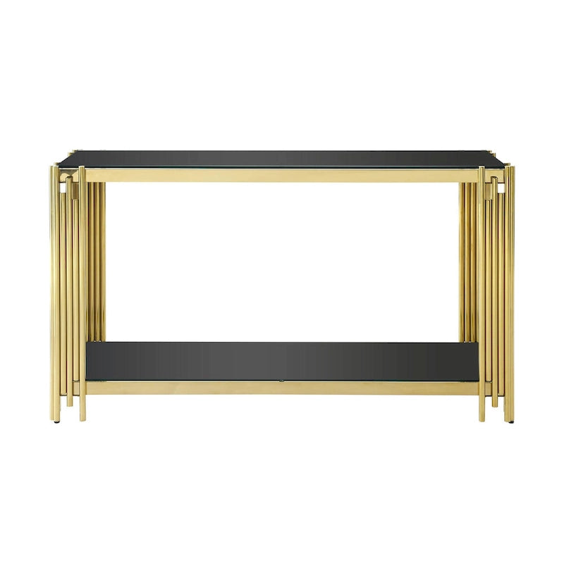 Schmaler 2-stöckiger Konsolentisch mit goldfarbenem Metallrahmen und Tischplatte aus gehärtetem Glas