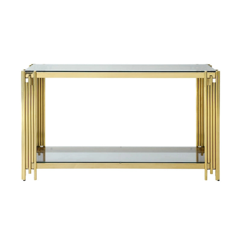 Schmaler 2-stöckiger Konsolentisch mit goldfarbenem Metallrahmen und Tischplatte aus gehärtetem Glas