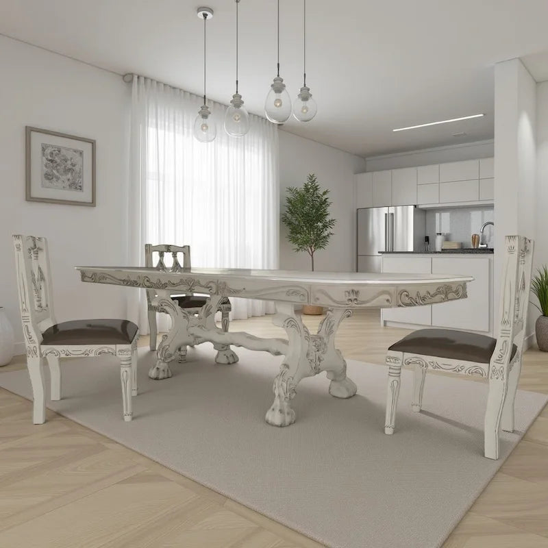 Ally Dining Table, Double Pedestal Base, Bone White Wood, 94-136 Inch
