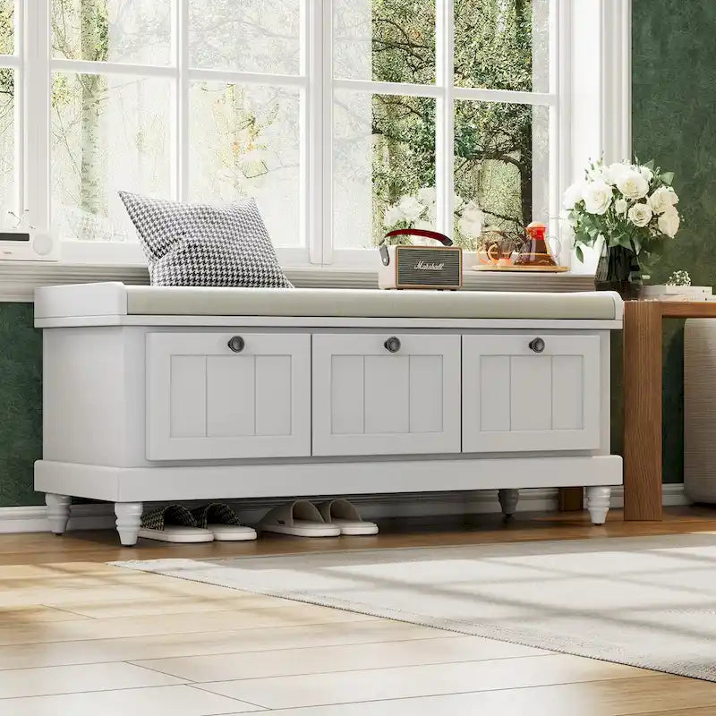 Classic Fluted Shoe Bench with Cushion & 3 Drawers