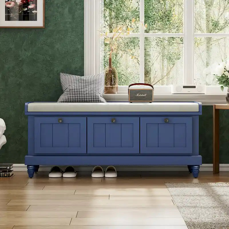Classic Fluted Shoe Bench with Cushion & 3 Drawers