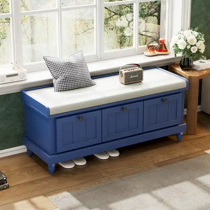 Classic Fluted Shoe Bench with Cushion & 3 Drawers