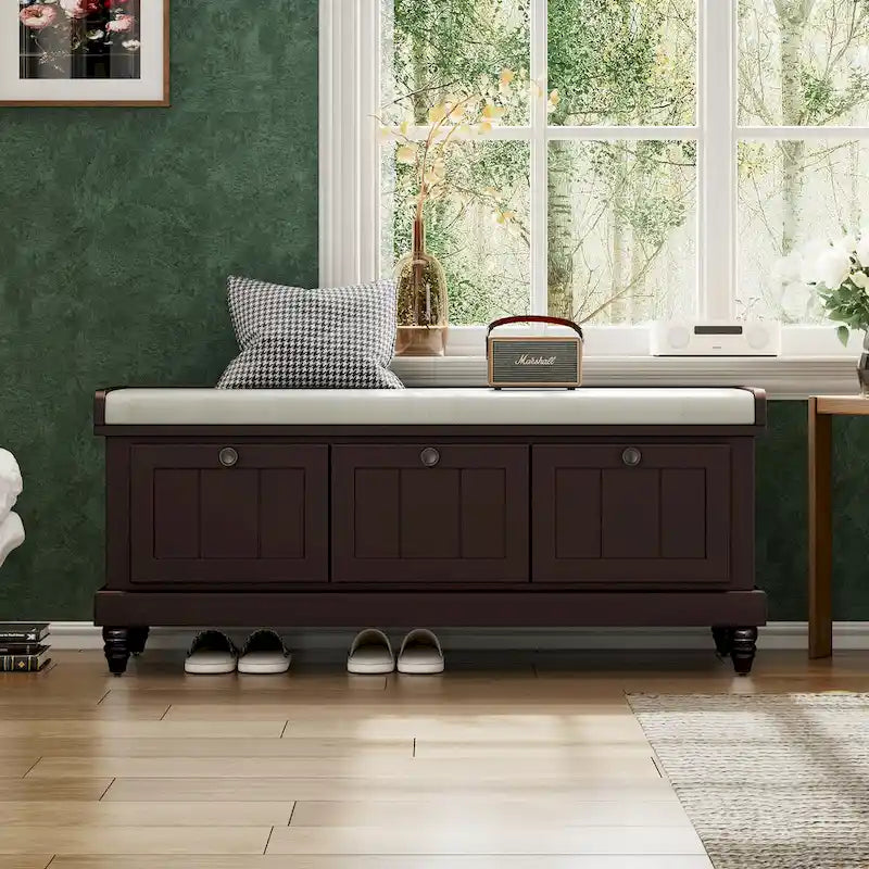 Classic Fluted Shoe Bench with Cushion & 3 Drawers