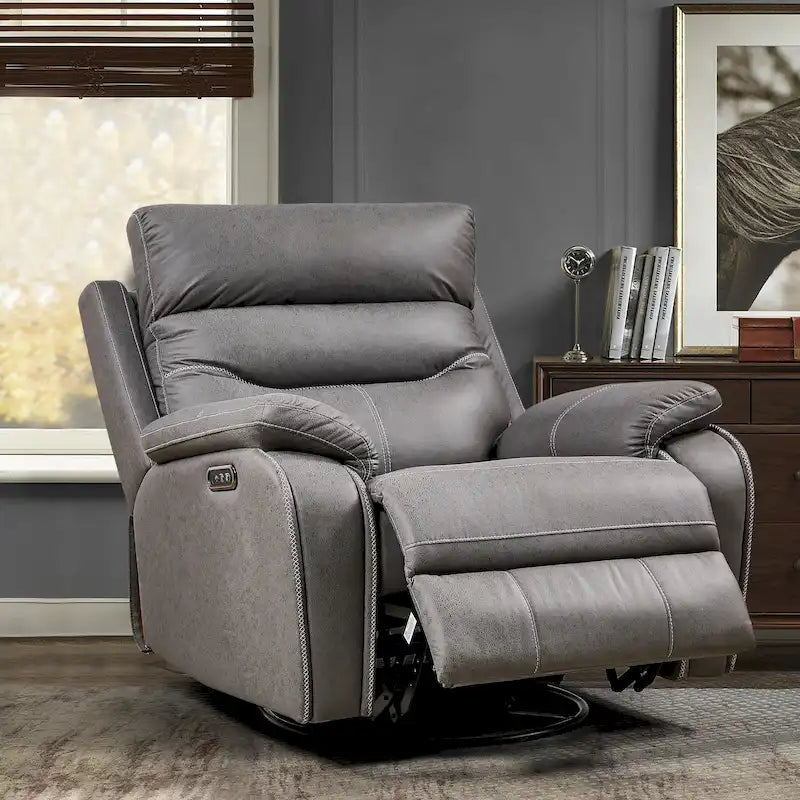 Grauer Dual-Motor-Relaxsessel mit 240°-Drehfunktion, Schaukelfunktion, USB-Anschlüssen und verstellbarer Kopfstütze