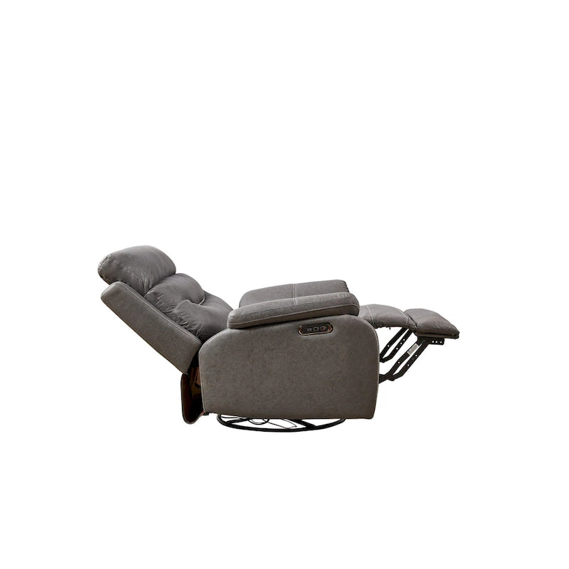 Grauer Dual-Motor-Relaxsessel mit 240°-Drehfunktion, Schaukelfunktion, USB-Anschlüssen und verstellbarer Kopfstütze