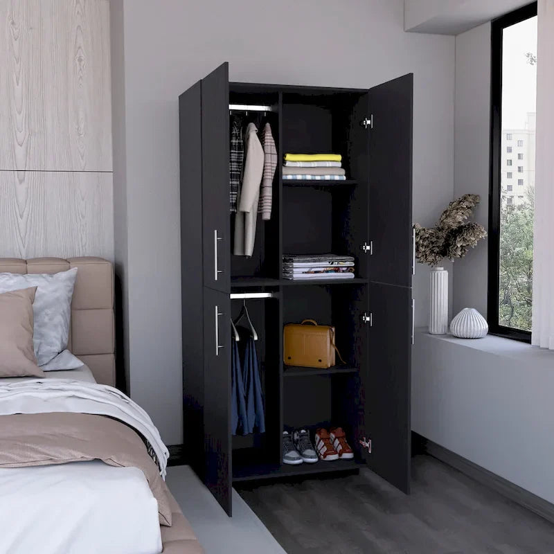 31,5 Zoll moderner viertüriger Kleiderschrank mit sechs Einlegeböden und zwei Kleiderstangen für das Schlafzimmer