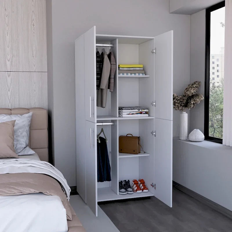 31,5 Zoll moderner viertüriger Kleiderschrank mit sechs Einlegeböden und zwei Kleiderstangen für das Schlafzimmer