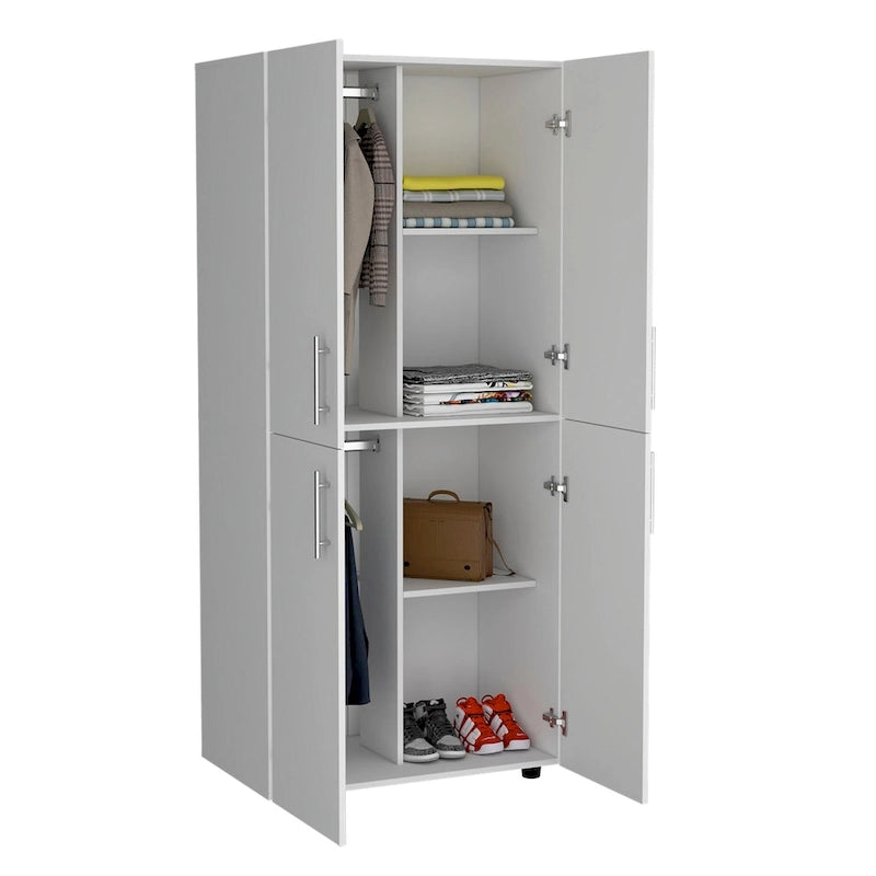 31,5 Zoll moderner viertüriger Kleiderschrank mit sechs Einlegeböden und zwei Kleiderstangen für das Schlafzimmer