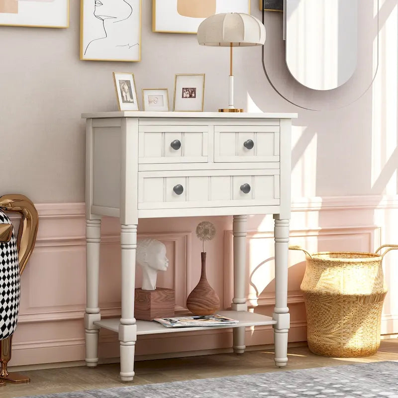 Narrow Console Table, Slim Sofa Table with Three Storage Drawers and Bottom Shelf - 23.7L x 13W x 31.1H