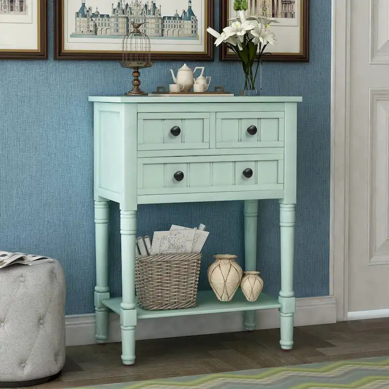 Narrow Console Table, Slim Sofa Table with Three Storage Drawers and Bottom Shelf - 23.7L x 13W x 31.1H
