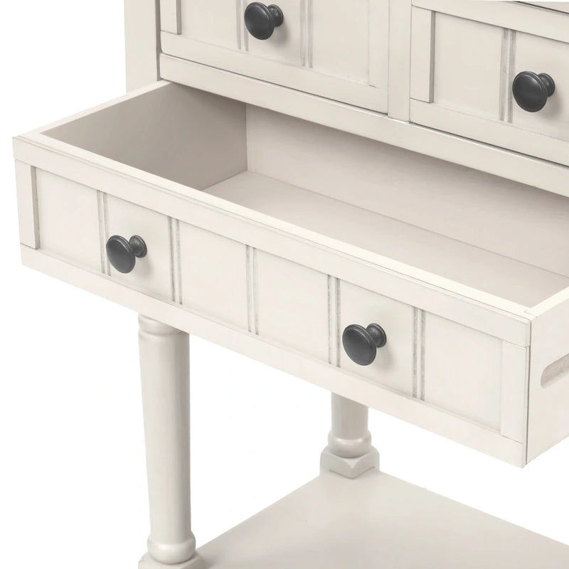 Schmaler Konsolentisch, dünner Sofatisch mit drei Schubladen und unterer Ablage - 60,2L x 33B x 79H cm