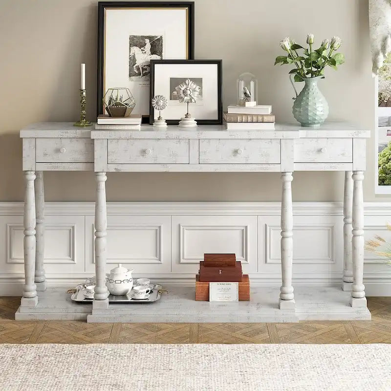 Retro Senior 4-Drawer 1-Shelf Console Table, Classic Entrance Display Table Entryway Table, Storage Sofa Table