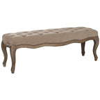 Beige Linen Bench with Carved Oak Frame - 52Wx18Dx18H