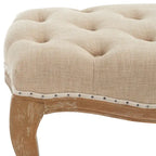 Beige Linen Bench with Carved Oak Frame - 52Wx18Dx18H