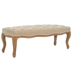 Beige Linen Bench with Carved Oak Frame - 52Wx18Dx18H