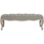 Beige Linen Bench with Carved Oak Frame - 52Wx18Dx18H