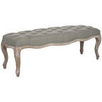 Beige Linen Bench with Carved Oak Frame - 52Wx18Dx18H