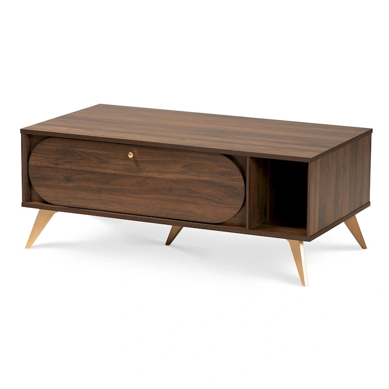 Edel Mid-Century Walnut Brown and Gold Finished Wood Coffee Table