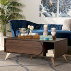 Edel Mid-Century Walnut Brown and Gold Finished Wood Coffee Table