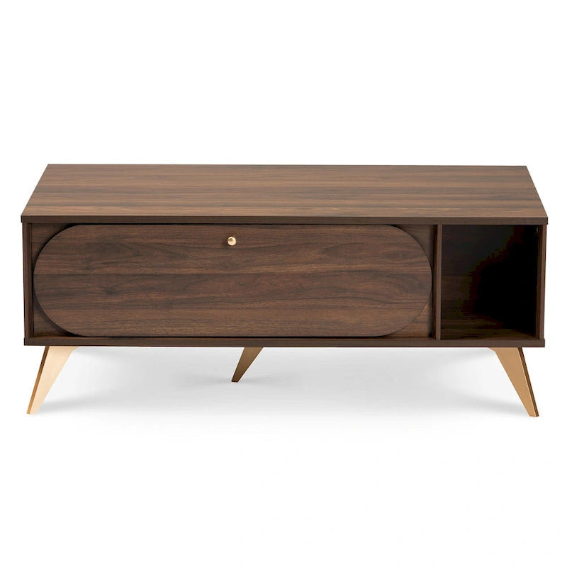 Edel Mid-Century Walnut Brown and Gold Finished Wood Coffee Table