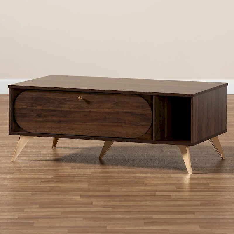 Edel Mid-Century Walnut Brown and Gold Finished Wood Coffee Table