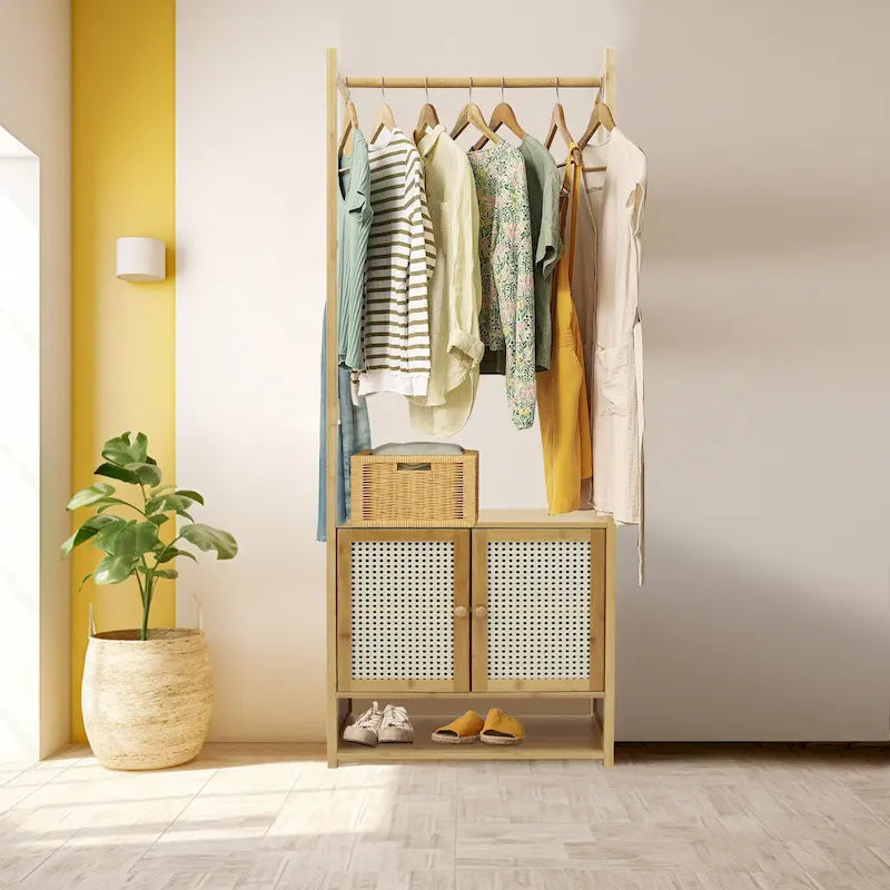 Bamboo Garment Rack with Clothes Rail Storage Organiser Freestanding - 21 x 13 x 66