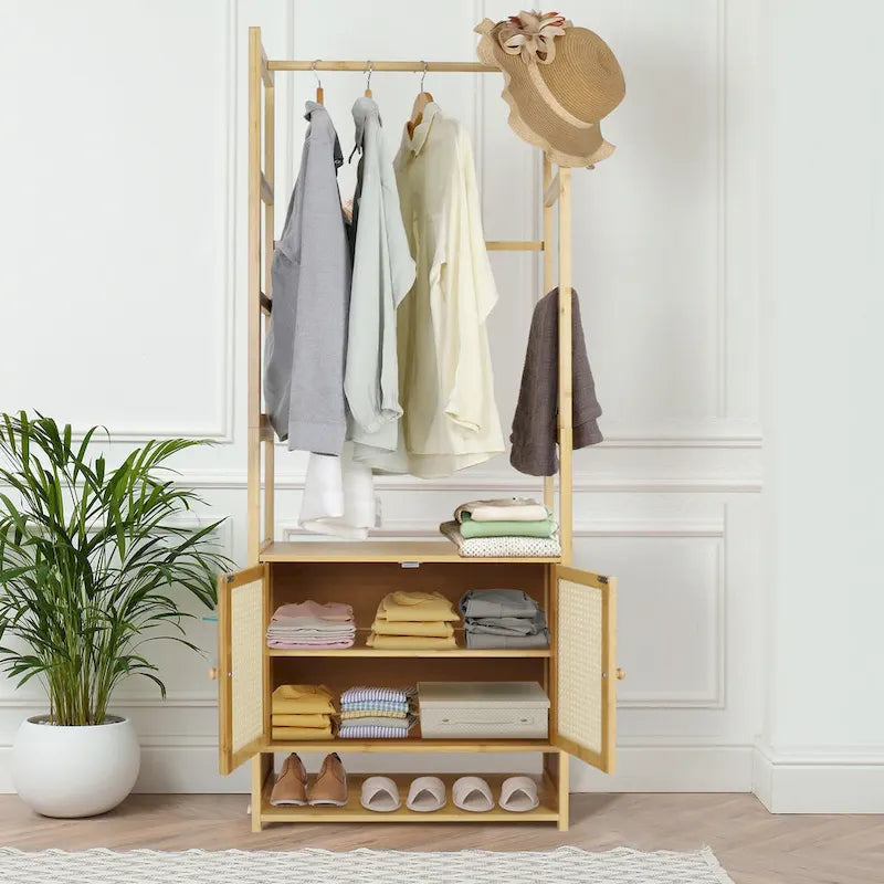Bamboo Garment Rack with Clothes Rail Storage Organiser Freestanding - 21 x 13 x 66