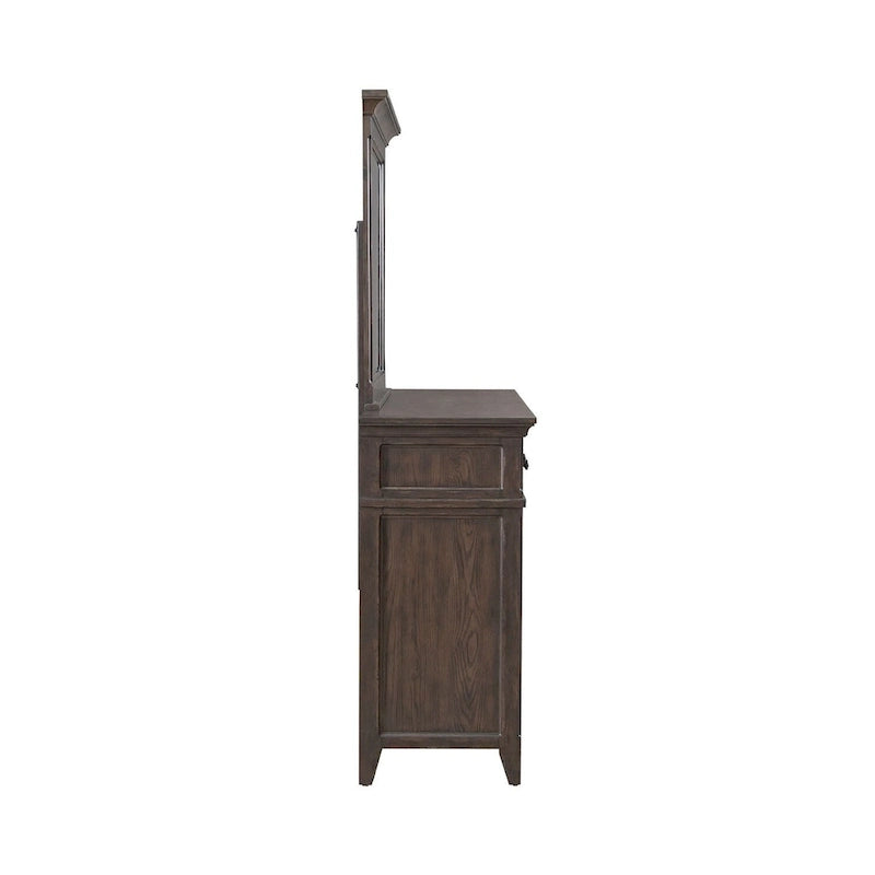 Saddle Brown Panel Bed, Dresser and Mirror, & Nightstand