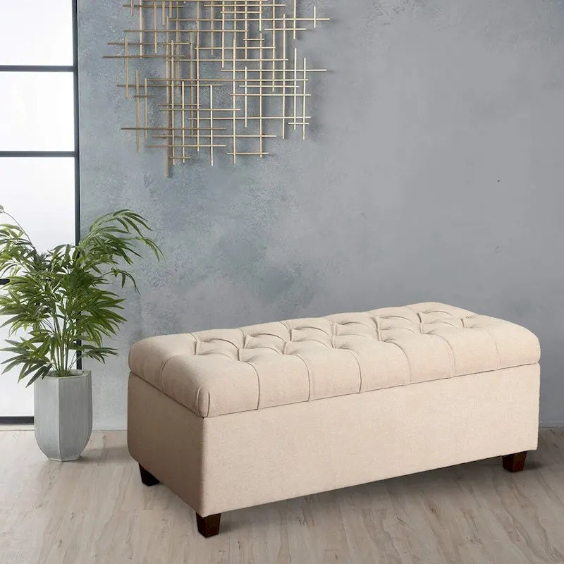 Fabric Upholstered Button Tufted Wooden Bench With Hinged Storage, Cream and Brown