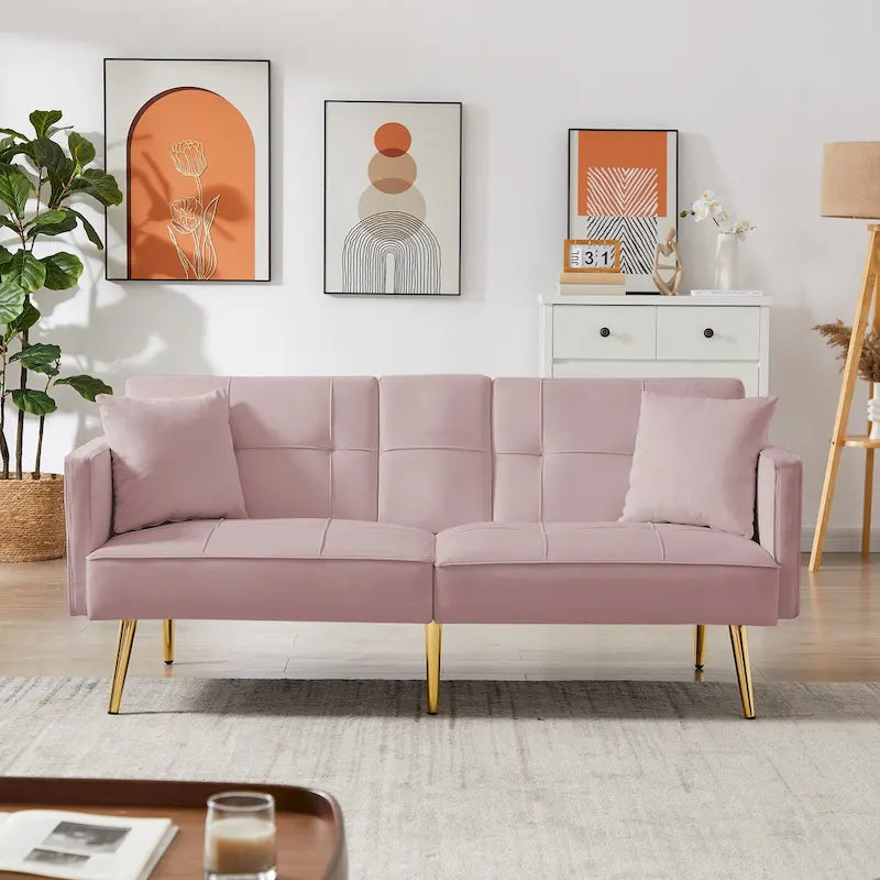 Samt-Futonsofa mit goldenen Metallbeinen für Wohnzimmer, Eingangsbereich, Flur, Büro