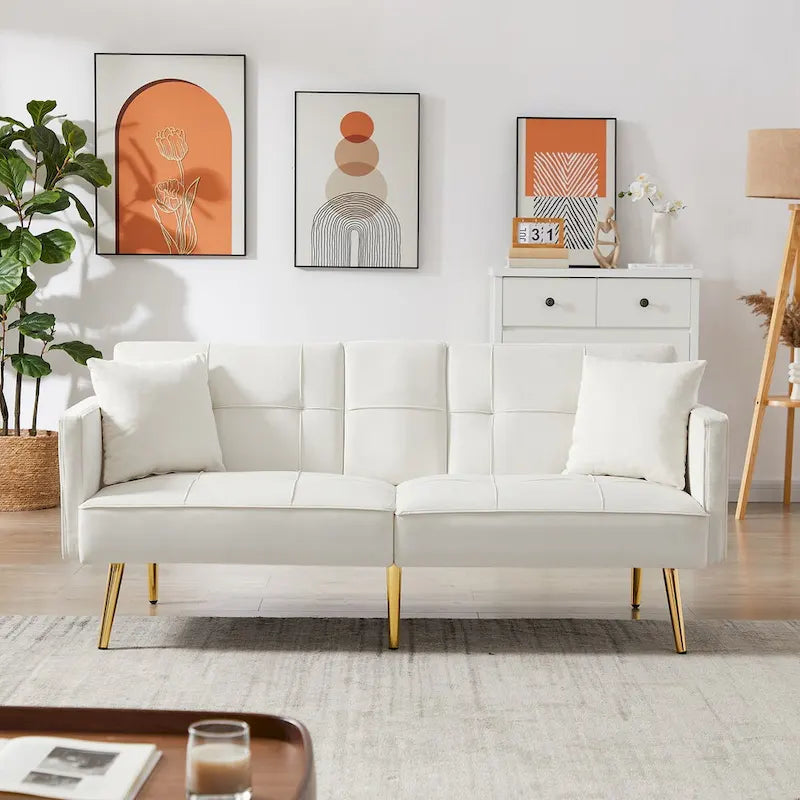 Samt-Futonsofa mit goldenen Metallbeinen für Wohnzimmer, Eingangsbereich, Flur, Büro