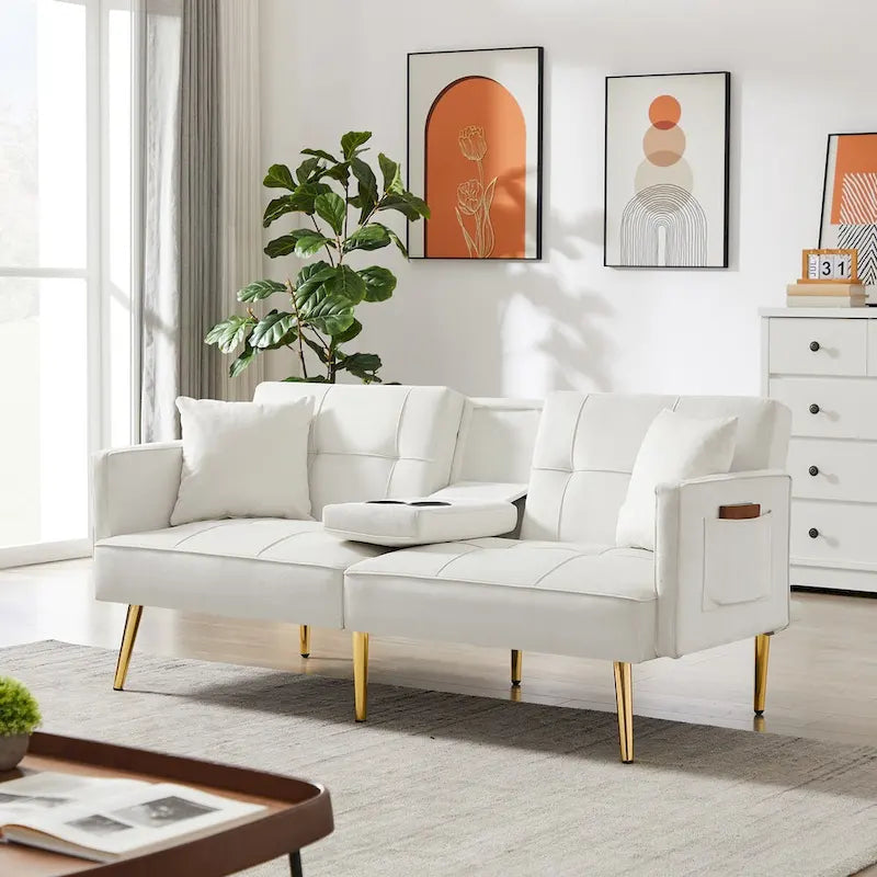 Samt-Futonsofa mit goldenen Metallbeinen für Wohnzimmer, Eingangsbereich, Flur, Büro