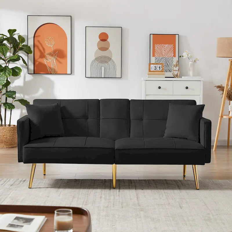 Samt-Futonsofa mit goldenen Metallbeinen für Wohnzimmer, Eingangsbereich, Flur, Büro