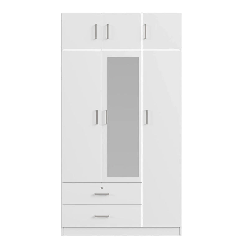 3-Door Mirror Wardrobe with 2 Drawers and Top Cabinet