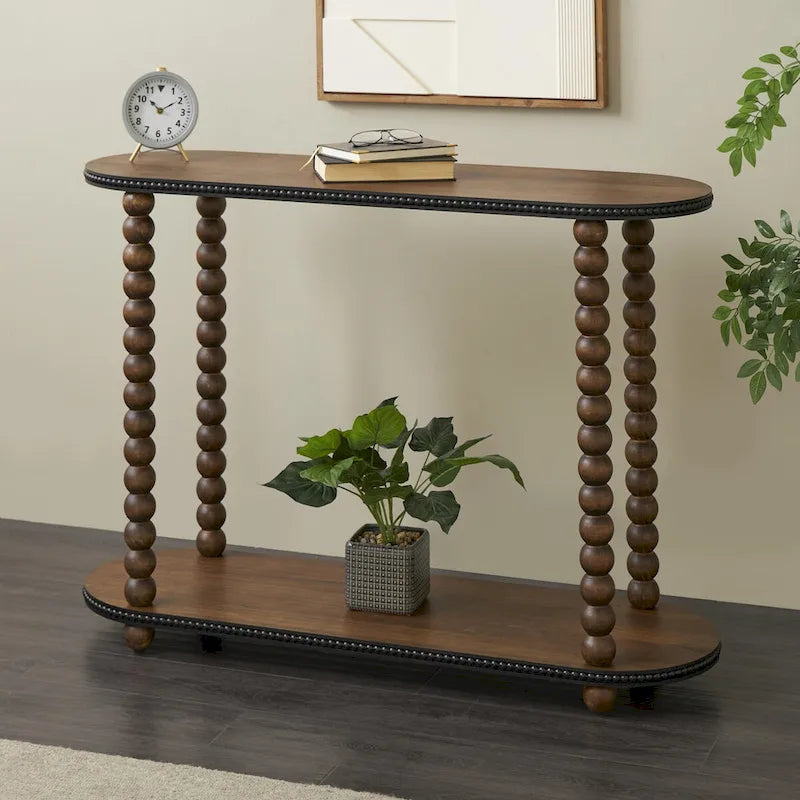 Ovale Konsolentisch-Konsole aus Holz mit 1 Ablage und Perlenkanten - Braun - Roche River Decor