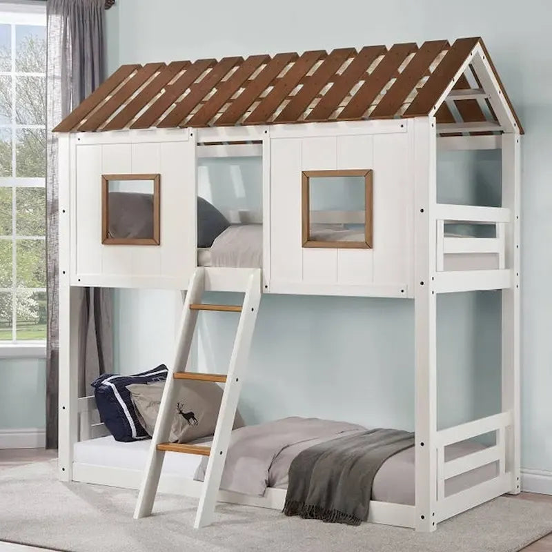 Wooden Twin Over Twin Bunk Bed in White and Rustic Oak